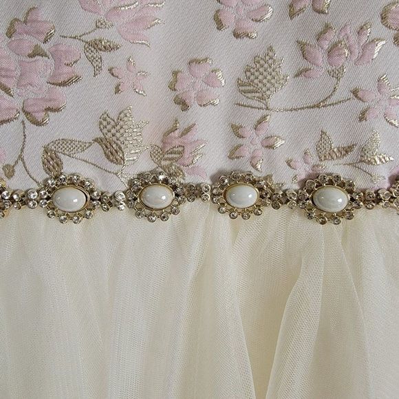 Couture Princess Girls Ivory Tulle Size 8 Pink-Gold Floral Brocade/rhinestone - Picture 3 of 7